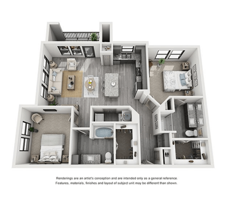 Floor plan for 2 beds, 2 baths, 1125 sqft